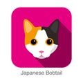 Japanese Bobtail, Cat breed face cartoon flat icon design