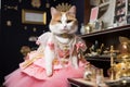 Japanese Bobtail Cat Dressed As A Princess At Work