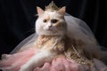 Japanese Bobtail Cat Dressed As A Princess At Work