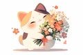 Japanese Bobtail, cute cartoon character with bouquet, single object, Di-Cut png style, isolated on white background