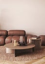 Japanese boho beige interior with lounge sofa and dry flower in vase background. Light modern australian livingroom