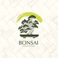 Japanese Bonsai Garden Zen Tree Logo. Plant Silhouette Icons on Palm Mat Background. Creative Vector Illustration Royalty Free Stock Photo