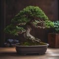 Japanese bonsai tree in ceramic pot on wooden table. Close up