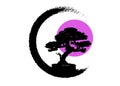 Japanese bonsai tree logo, black plant silhouette icons on white background, green ecology silhouette of bonsai and pink moon Royalty Free Stock Photo