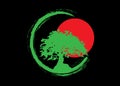 Japanese bonsai tree logo, green plant silhouette icons on black background, green ecology silhouette of bonsai and red sunset Royalty Free Stock Photo