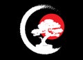 Japanese bonsai tree logo, white plant silhouette icons on black background, green ecology silhouette of bonsai and red sunset