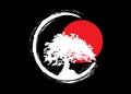 Japanese bonsai tree logo, white plant silhouette icons on black background, green ecology silhouette of bonsai and red sunset Royalty Free Stock Photo