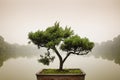 Japanese bonsai tree in pot at zen garden.