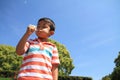 Japanese boy blowing dandelion seeds Royalty Free Stock Photo