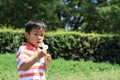 Japanese boy blowing dandelion seeds Royalty Free Stock Photo