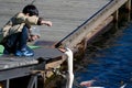 Japanese boy feeding mute swans. Royalty Free Stock Photo