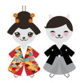 Japanese Boy And Girl In National Costume. Kimono, Cartoon Cat In Traditional Dress. Japan Sakura Wave Circle Pattern Red Burgundy