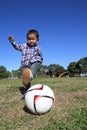 Japanese boy playing with soccer ball Royalty Free Stock Photo