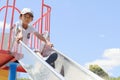 Japanese boy on the slide Royalty Free Stock Photo