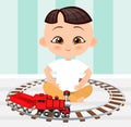 Japanese boy with toy train. Boy playing with train. Vector illustration eps 10 isolated on white background. Flat cartoon style. Royalty Free Stock Photo