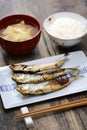 traditional Japanese breakfast set meal grilled fish, rice, and miso soup Royalty Free Stock Photo