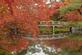 a Japanese bridge crossing a pond with water reflection in Zen garden Royalty Free Stock Photo