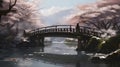 Japanese bridge over the river. Digital painting of a Japanese bridge in the forest.