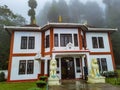 Japanese buddhist colorful monastery covered with cloud at morning from different angle