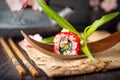 Japanese California Roll with eel, avocado, cucumber, cream with Philadelphia cheese, tobiko caviar and Japanese mayonnaise Sushi Royalty Free Stock Photo