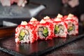 Japanese California Roll with eel, avocado, cucumber, cream with Philadelphia cheese, tobiko caviar and Japanese mayonnaise Sushi Royalty Free Stock Photo