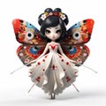 Japanese Cartoon Girl With Butterfly: 3d Render Plastic Kimono Character