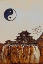 Japanese castle on the edge of the mountain, wood burn art.