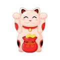 Japanese cat maneki Neko with raised paws and a bag of gold coins. Cute lucky cat. A symbol of wealth. Vector