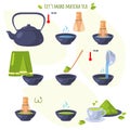 Japanese ceremony with Matcha. Lets make matcha tea. Steps to get finished Japanese healthy drink. Icons isolated vector