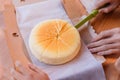 Japanese Cheesecake with seperated slice in opened paper box. Soft and sweet Royalty Free Stock Photo