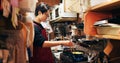 Japanese chef man, cooking and kitchen by stove, service or catering job on pan, pot and ready. Person, restaurant or Royalty Free Stock Photo