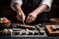 japanese chef preparing classic sushi rolls, with a variety of ingredients and fillings