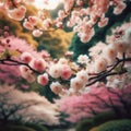 Japanese cherry blossom blooms in oriental garden environment