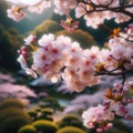 Japanese cherry blossom blooms in oriental garden environment