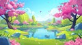 Japanese cherry blossom garden with river and nature cartoon landscape. Sunny summer fantasy fairytale forest with green