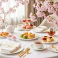 Japanese Cherry Blossom Luxury Afternoon Tea, Elegant White and Gold Table Setting with Light Pink Accents, Bright Professional Fo Royalty Free Stock Photo
