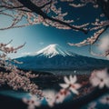 Japanese cherry blossom with mount Fuji on the background. Realistic cherry blossom sakura flower branch with beautiful lake and