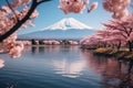 Japanese cherry blossoms frame Mt Fuji at Kawaguchiko lake