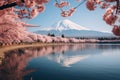 Japanese cherry blossoms frame Mt Fuji at Kawaguchiko lake