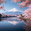Japanese cherry blossoms frame Mt Fuji at Kawaguchiko lake