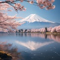 Japanese cherry blossoms frame Mt Fuji at Kawaguchiko lake