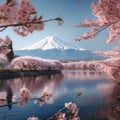 Japanese cherry blossoms frame Mt Fuji at Kawaguchiko lake