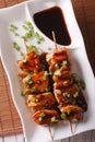 Japanese chicken yakitori on skewers close-up. vertical top view Royalty Free Stock Photo