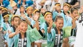 Japanese children dancing traditional Awaodori dance in the famous Koenji Awa Odori festival, Tokyo, Japan