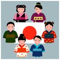 Japanese children in kimono standing around Japanese flag