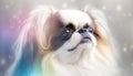 Japanese Chin Dog Medium Shot White Pink Blue Magical Fantasy Bokeh. Generative AI