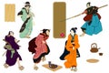 Japanese and Chinese culture vector illustration. Geisha and samurai warriors. Traditional Japanese culture, geisha