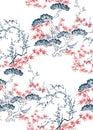 Japanese chinese design sketch ink paint style seamless pattern bamboo blossom peach pine