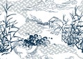 Japanese chinese design sketch ink paint style seamless pattern peasant landsape pond hut bulrush