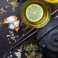 Japanese chinese tea with lemon teapot chopsticks rice Royalty Free Stock Photo